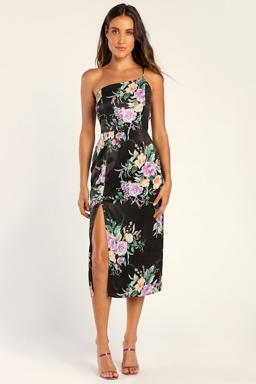 Lulus Keepin' It Chic Black Floral Print Satin One-Shoulder Midi Dress Small